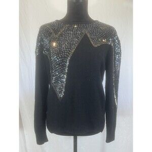 Vtg 80s Le Chois Silk Angora Blend Sequin Sweater Black Whimsigoth Dark Fairy M